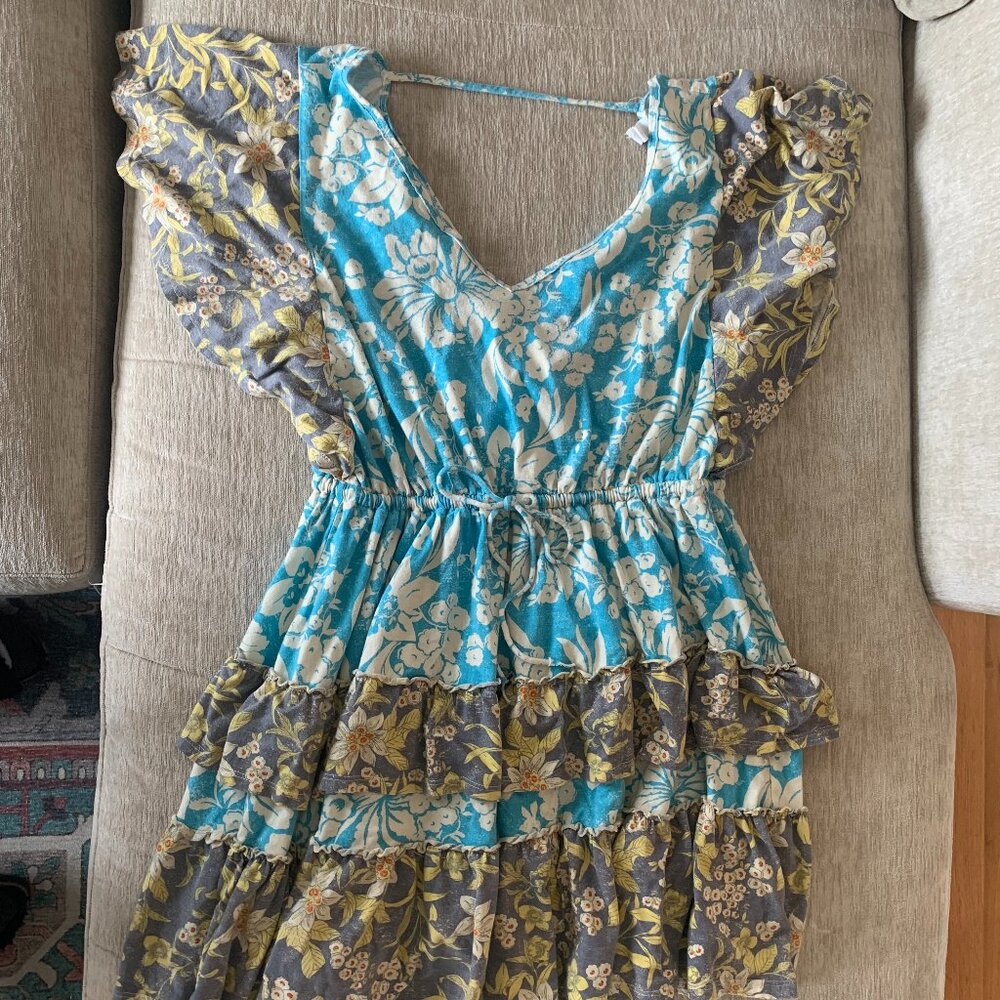 Fun, flouncy, floral Daily Practice dress, purchased at Anthropology.